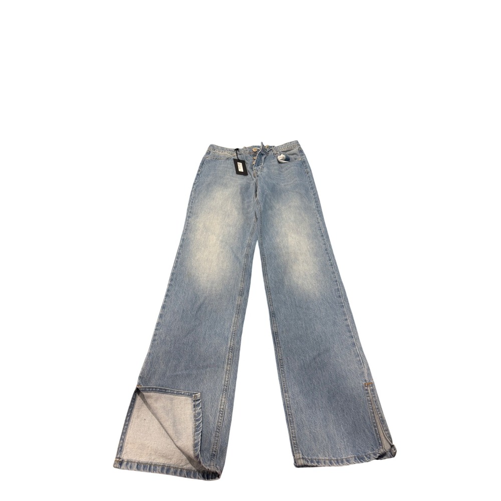 River Island Balearic Sundow Wide Leg Jeans Light Side Zip Split Hem UK 12XL
